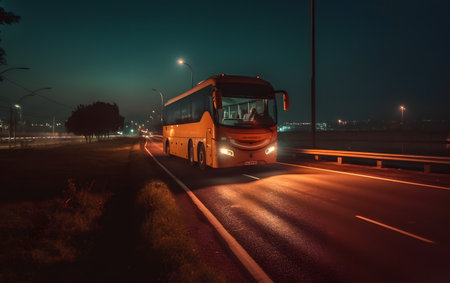 Bus on the road at night in the city. Travel concept.の素材