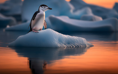 Penguin on the ice floe at sunset. 3d renderingの素材
