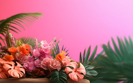 Tropical flowers in pot on pink background with copy space.の素材
