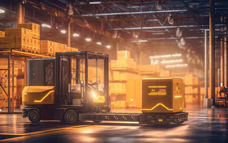 Forklift loader in warehouse. Logistics and transportation concept.の素材