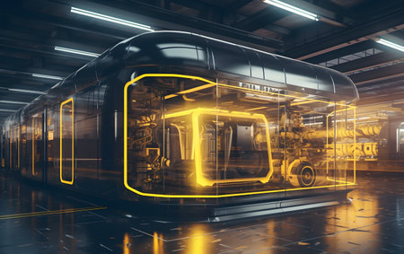 Futuristic black train with neon drawing on it. 3d renderingの素材