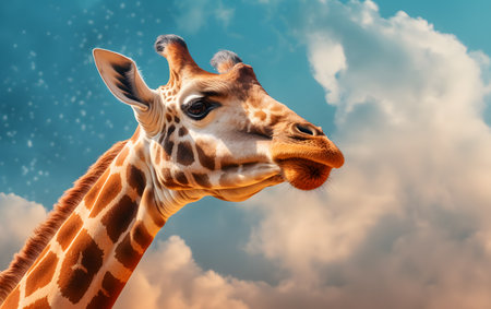 Giraffe head on blue sky with clouds background. Bonding.の素材