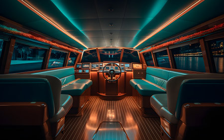 Interior of a cruise ship with seats, steering wheel and lightsの素材