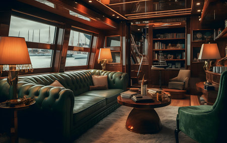 Luxury living room interior with green sofa, coffee table and bookshelfの素材