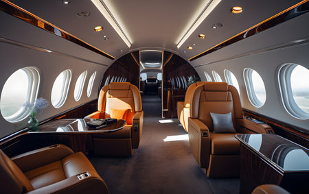 Interior of a commercial airplane. Interior of the plane with seatsの素材