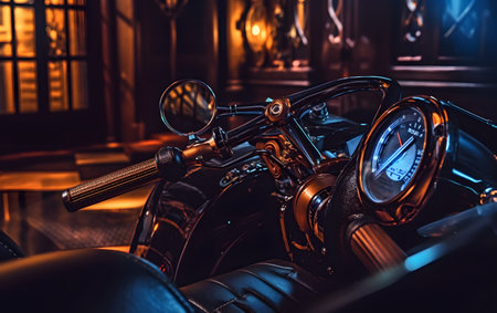 Close-up view of the dashboard of a vintage motorcycle at nightの素材