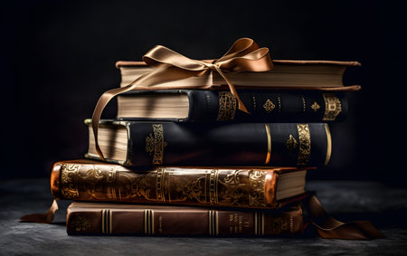 Stack of old books with gold ribbon bow on dark background.の素材