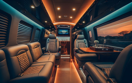 Interior of a modern luxury passenger car with seats and lights.の素材