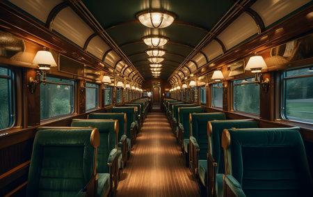 Interior of a vintage train with seats and lights, retro tonedの素材