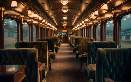Interior of a train carriage with empty seats in the evening.の素材