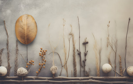 Autumn background with dry flowers and leaves, vintage toned imageの素材