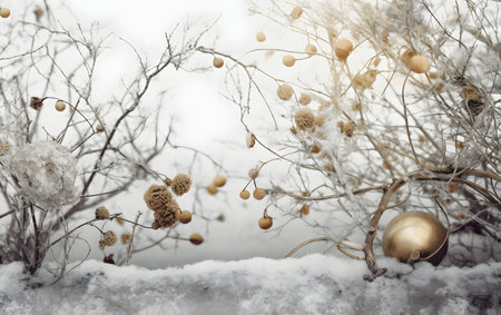Winter background with golden christmas ball, branches and snowflakesの素材