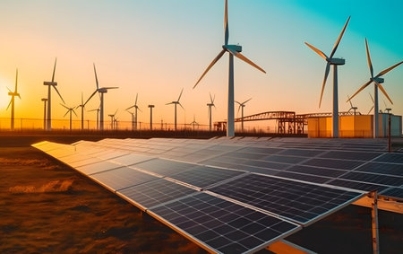 Solar panels and wind turbines generating electricity at sunset, renewable energy conceptの素材