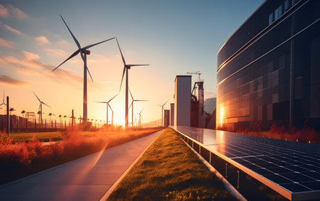 Solar panels and wind turbines at sunset. Alternative energy source. 3D renderingの素材
