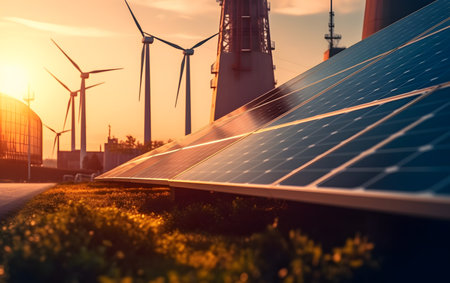Solar panels and wind turbines in the sunset. Alternative energy source.の素材