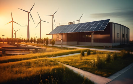 Solar panels and wind turbines at sunset. Renewable energy concept.の素材