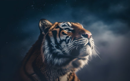 Portrait of a tiger in the smoke. Tiger in the dark.の素材