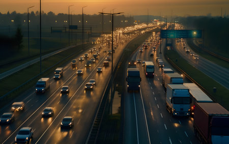 Traffic on the highway at sunset, motion blur. Long exposure.の素材