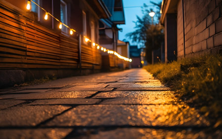 Cobbled street in the old town at night. Close-up.の素材