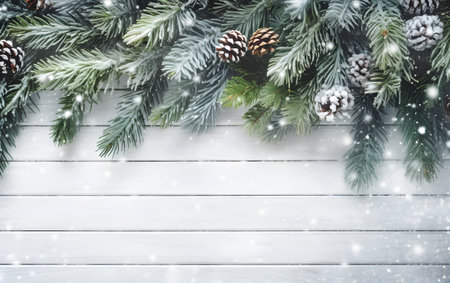 Christmas background with fir tree branches and pine cones on white wooden planksの素材