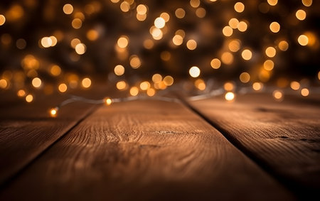 Wooden background with christmas lights and bokeh effect.の素材
