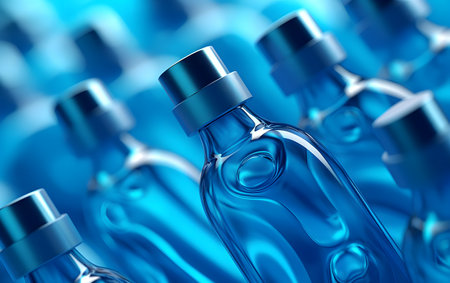 Close-up of glass bottles on blue background. 3d renderingの素材