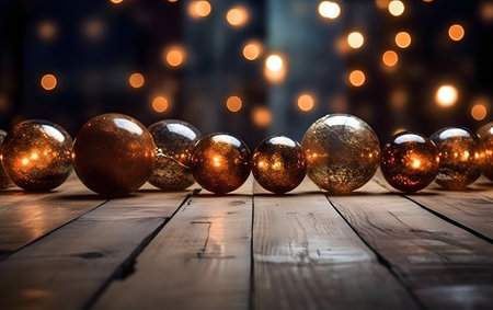 Christmas and New Year background. Golden Christmas balls on a wooden background.の素材