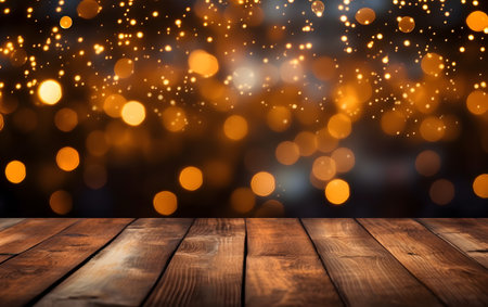 Christmas background with bokeh defocused lights and wooden deck tableの素材