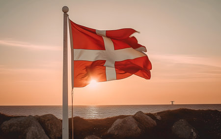 Denmark flag waving in the wind at sunset. 3d renderingの素材
