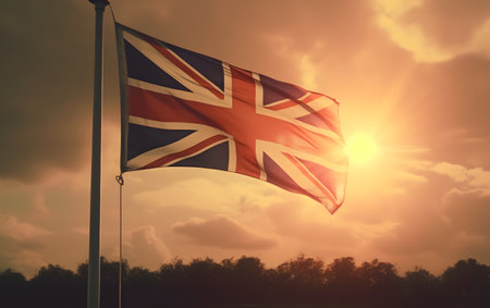 United Kingdom flag waving in the wind at sunset, 3d renderの素材