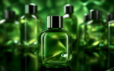 Bottles of perfume on green background. 3d render illustration.の素材