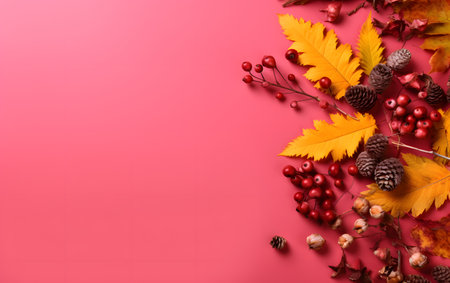 Autumn leaves and berries on pink background, flat lay. Space for textの素材