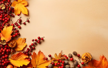 Autumn leaves and berries on beige background, top view. Space for textの素材