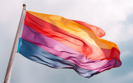 rainbow flag waving in the wind on a background of blue skyの素材