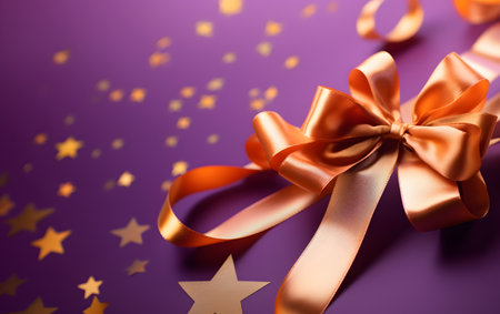 Gift bow on purple background with stars. Festive background.の素材