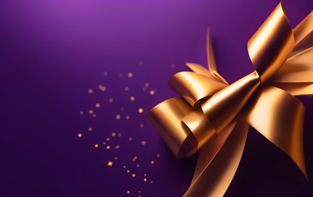 Golden bow on a purple background. Festive background with copy space.の素材