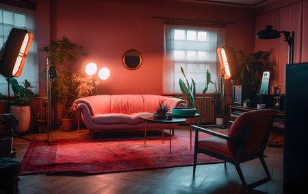 Interior of a modern living room with a red sofa and a lampの素材