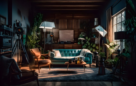 interior of modern living room with green plants, sofa and lampの素材