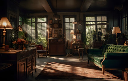 Interior of a living room with vintage furniture and a big windowの素材