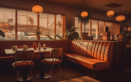 Interior of a cafe with brown leather sofas and chairsの素材