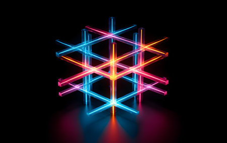 3d rendering of neon light abstract geometric shape on dark background.の素材