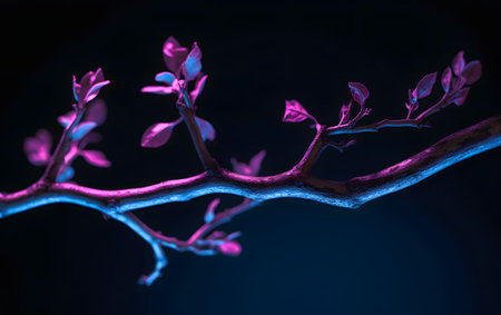 Tree branch with pink leaves on a dark blue background. Toned.の素材