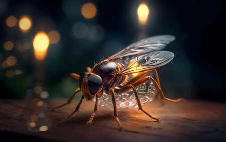 A macro shot of a hoverfly sitting on a table with candles in the background.の素材