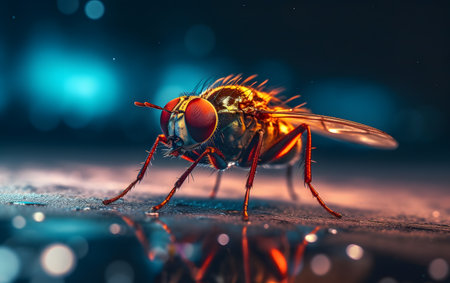 Macro shot of a fly on a dark background with bokehの素材