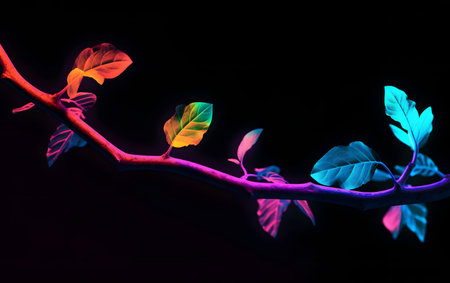 Silhouette of tree branch with colorful light on black background.の素材
