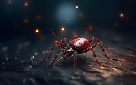 Red spider on a dark background. 3d rendering. Computer digital drawing.の素材