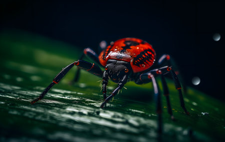 macro shot of a red spider on a leaf with water dropsの素材