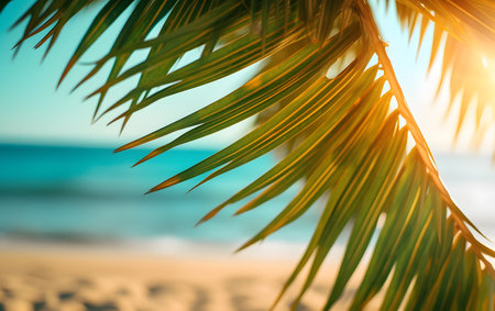 Coconut palm leaf on sandy beach with blue sky and sea backgroundの素材
