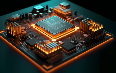 Circuit board. Electronic computer hardware technology. Digital chip motherboard. 3D renderingの素材