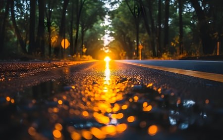 Wet asphalt road in the forest at sunset. Natural background.の素材